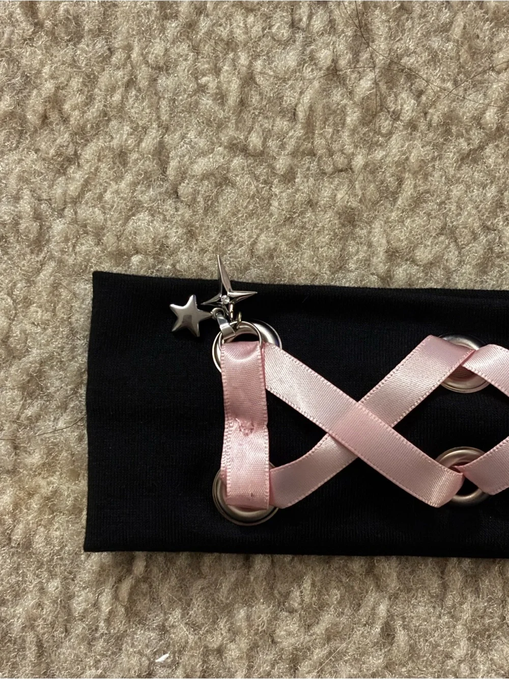 Black Headband with Pink Ribbon Lacing + Grommet Detail